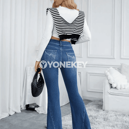 Zenanlar üçin ýokary belli giň balak jeans, çeýe, giň ýeňli, keşdeli