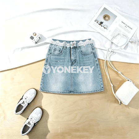 Zenanlar üçin ýokary belli, amaly denim miný yubka