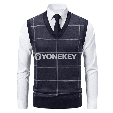 Erkekler üçin plaid V boýun ýeňsiz triko jilet
