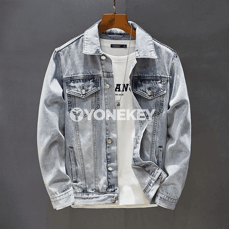 Erkekler üçin ýaz güýz denim jaket, nagyşly vintage stil
