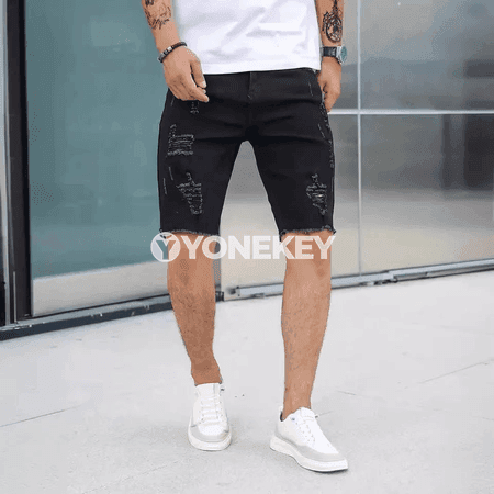 Erkekler üçin tomusky döwük jeans şortlar, slim we rahat