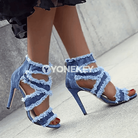 Zenanlar üçin ýazky ýokary ökjeli denim sandallar