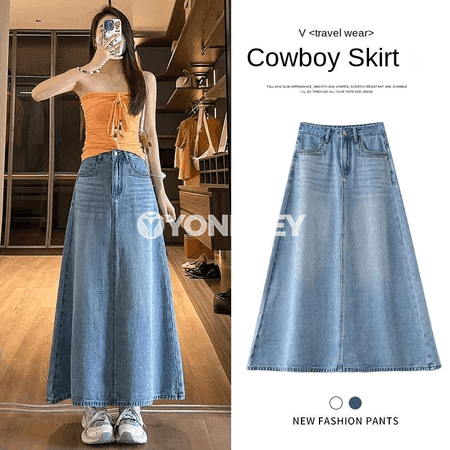 Zenanlar üçin ýokary belli denim maxi ýubka
