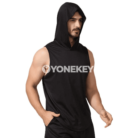 Erkekler üçin kapüşonly sport maýkasy, ýeňsiz, ýeňil we dem alýan