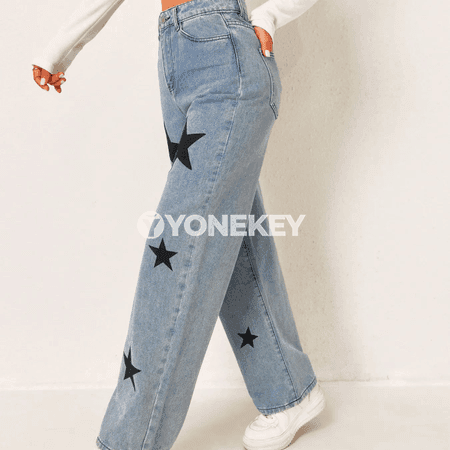 Zenanlar üçin retro Y2K ýyldyzly giň jalbar jeanslar
