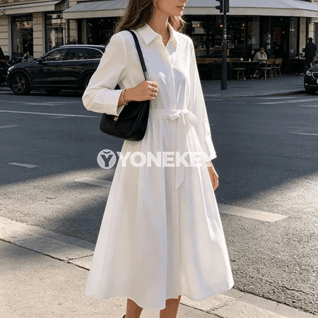Aýal-gyzlar üçin ak ýeňli, guşakly minimalist maxy köýnek