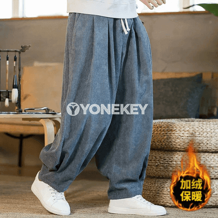 Erkekler üçin korduroý ýyly balaklar, giň kesimli, gyşky rahat stil
