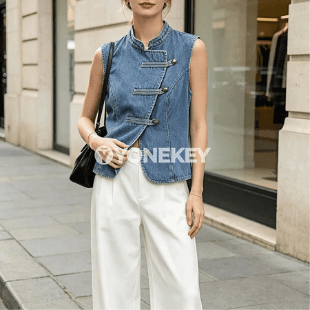 Zenanlar üçin düwme bezegli ýeňsiz moda jeletka