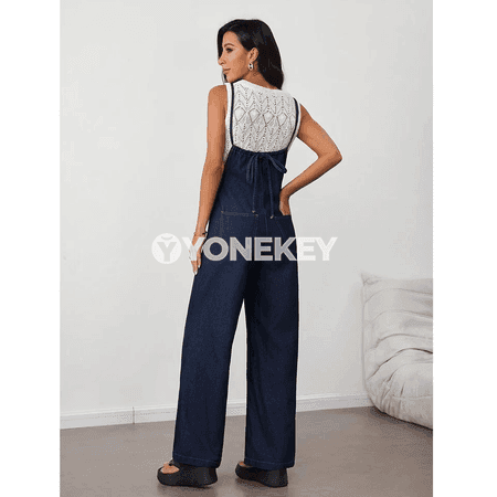 Aýallar üçin denim kombinezon köýnek, ýokary boýunli giň balakly model