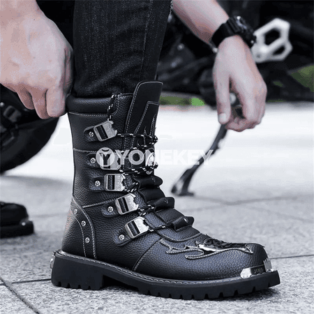 Erkekler üçin orta boý deri ädikler, punk stil, bagly
