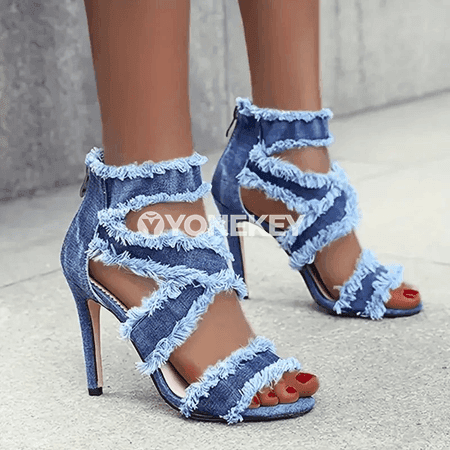 Zenanlar üçin ýazky ýokary ökjeli denim sandallar