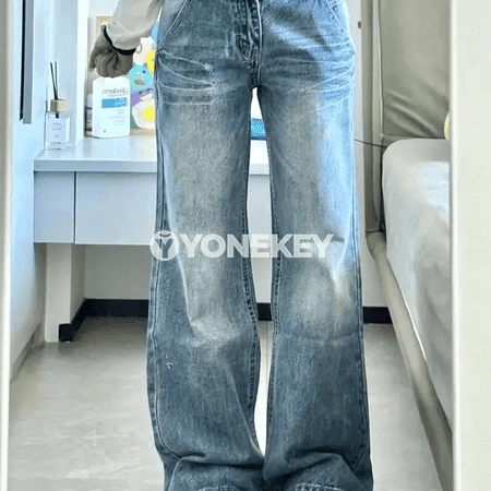 Ýokary belli giň balakly zenan jeans, uzyn we rahat model