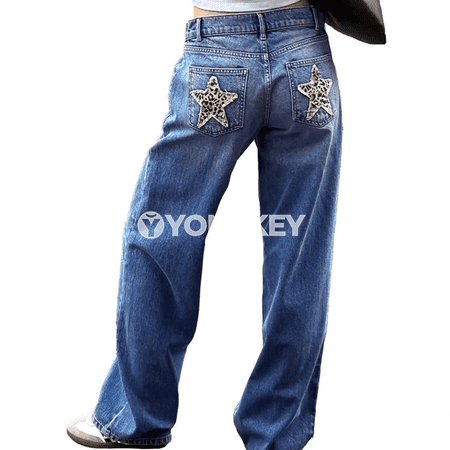 Zenanlar üçin açyk gök jeans, giň kelleli, rahat kesim