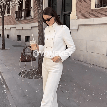 Zenanlar üçin öňi iki düwmeli dik ýakaly döwrebap blazer