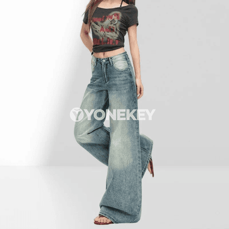 Aýal-gyzlar üçin giň balakly, ýokary bil jeans, rahat kesim