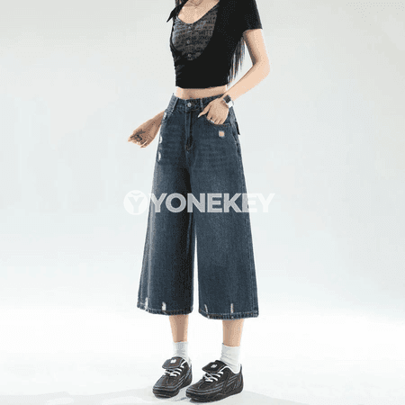 Zenanlar üçin ýeňil giň balak jinsy, tomusky rahat model