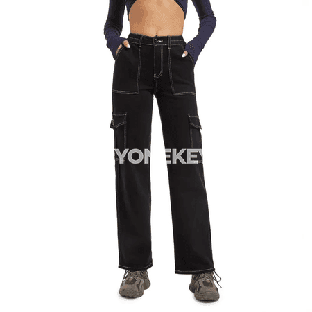Zenanlar üçin giň kesimli ýokary belli denim jalbar