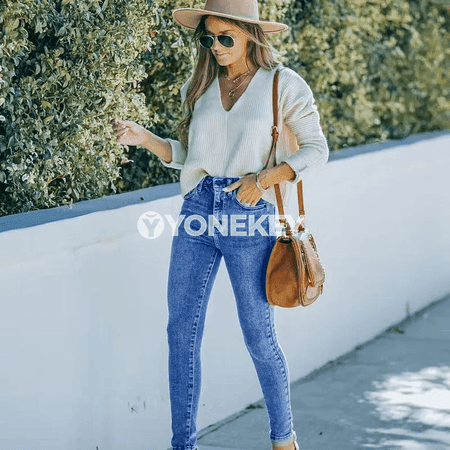 Zenanlar üçin ýokary giňelýän denim jalbar, uzyn, döwrebap kesimli