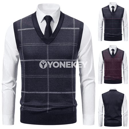Erkekler üçin V boýunly örme switer, güýz-gyş üçin ýyly ýeňsiz top