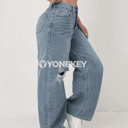 Zenanlar üçin giň balaqlı ýokary belli denim jinsiler, rahat gündelik stil