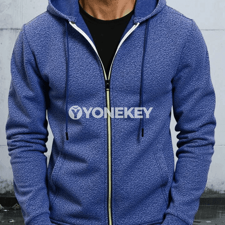 Erkekler üçin kapýuşonly ýyly sweatshirt-kurtka, jübili we zipli