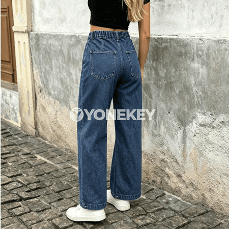 Zenanlar üçin ýokary belli giň balak jeans, elastik belli rahat model