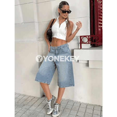 Aýal-gyzlar üçin ýokary belli denim şortik, tomusky rahat model