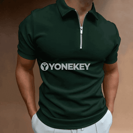 Erkekler üçin ýazlyk polo futbolka, gysga ýeňli, zip ýakaly