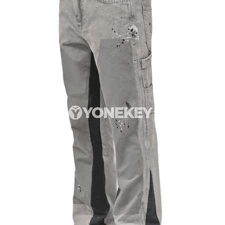 Erkekler üçin patchwork jeans iş balagy, giň nogta görnüşli denim