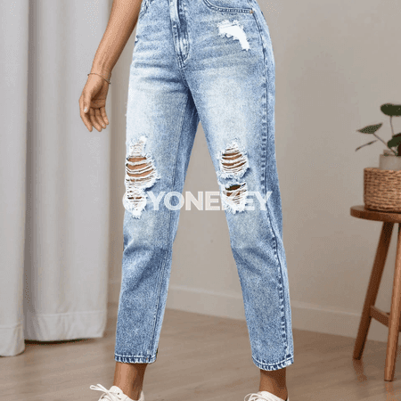 Zenanlar üçin slim jeans, döwükli, rahat streç mataly