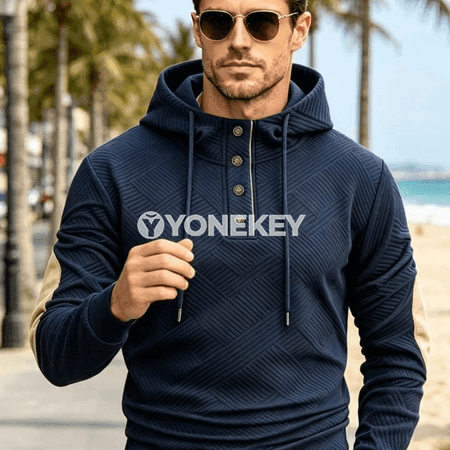 Erkekler üçin vintage jacquard Henley kapüşonly ýyly köýnek