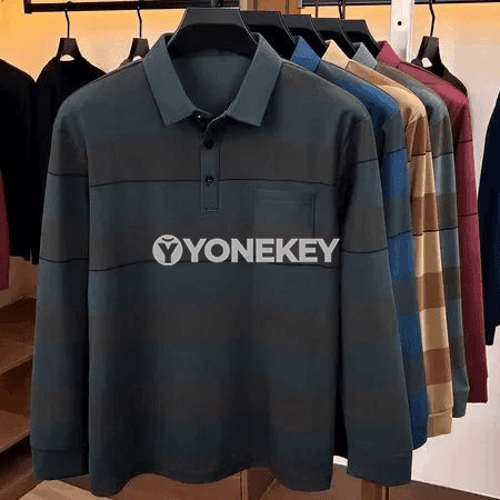 Erkekler üçin zolakly uzyn ýeňli polo kofta, döş jübüli