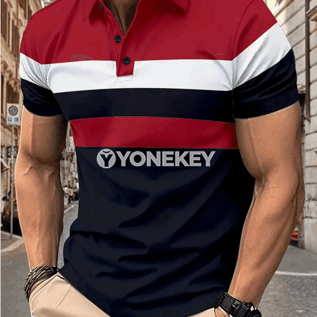 Erkekler üçin zolakly ýarym ýeňli gündelik polo futbolka