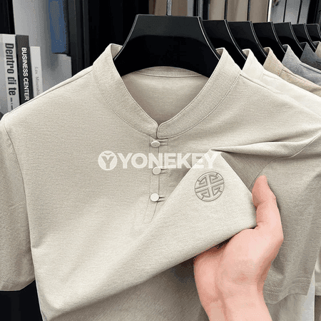 Erkekler üçin mandarin boýunly gysga ýeňli köýnek, düwmejikli