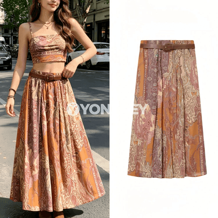 Zenanlar üçin giň, ýeňil boho midi yubka — tomuslyk