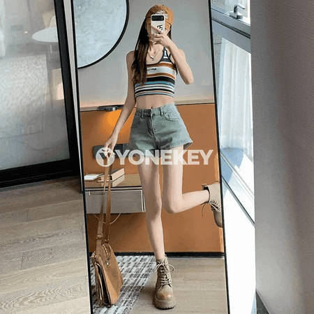 Zenanlar üçin ýokary belli denim şortik — ýokarky görnüş, tomuslyk