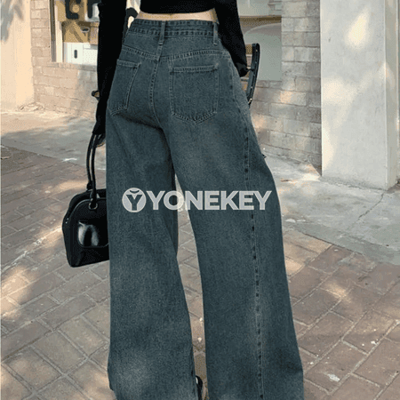 Zenanlar üçin retro giň balakly jeans, ýuwlan görnüşli rahat gündelik model
