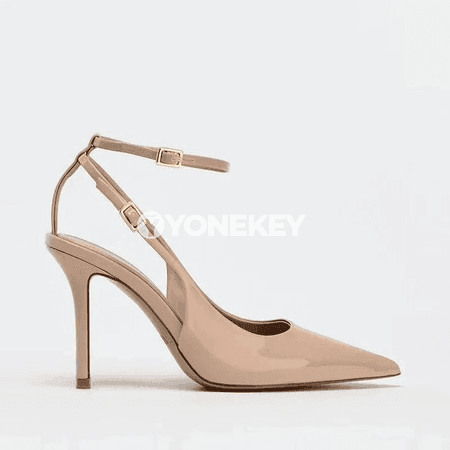 Zenanlar üçin patent deri ýokary ökçeli pointed toe sandal, tomuslyk
