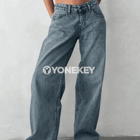 Aýal-gyzlar üçin gara denim giň balak jeans, rahat kesim