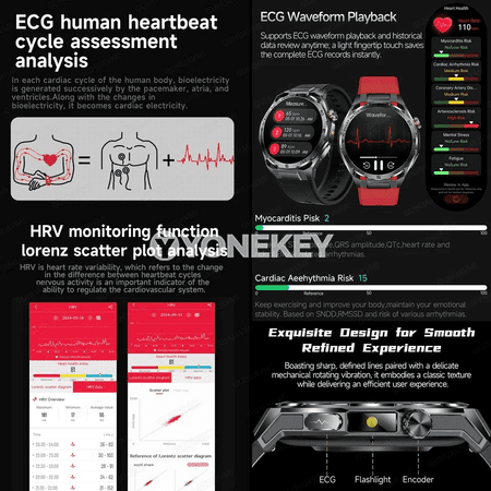 GUHUAVMI AI-GPT ECG saglyk akylly sagat, Bluetooth jaňly, AMOLED