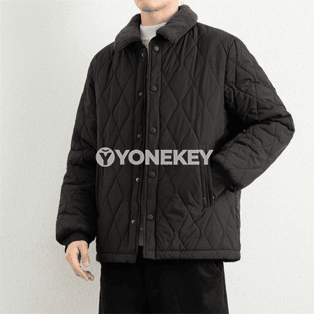 Erkekler üçin gyş ýyly pagta başly jaket, giň kesimli gündelik palto
