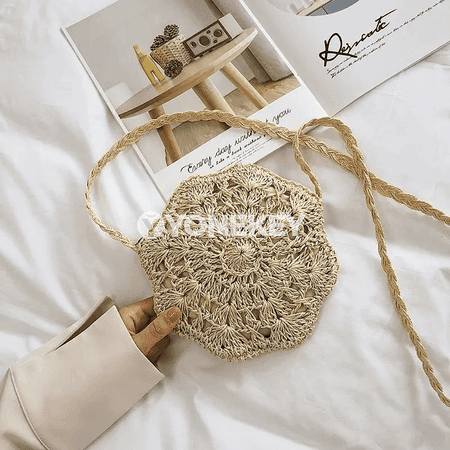 Zenanlar üçin tegelek saman crossbody sumka, elde örülen boho stil