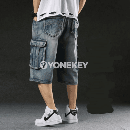 Erkekler üçin giň ýeňli denim şortik, köp jübütli gündelik balak