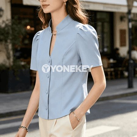 Zenanlar üçin tomuslyk ofis köýnegi, gysga ýeňli, boýunly, slim fit