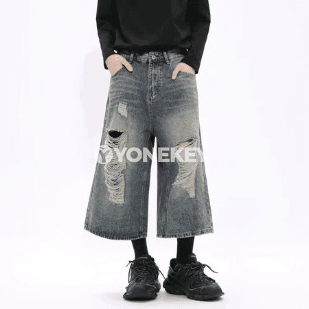 Erkekler üçin giň balakly, ýyrtyk görnüşli denim jinsy balak