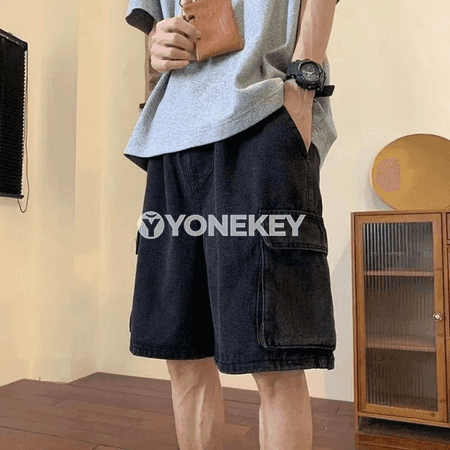 Erkekler üçin giň, ýokary belli denim şortik, köp jübili, gündelik stil
