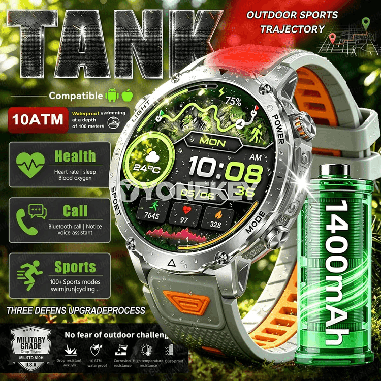 1400mAh batareýaly sport akylly sagat, 10ATM, SOS, Bluetooth