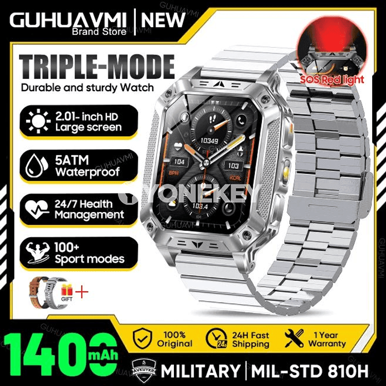 GUHUAVMI 1400mAh sport akylly sagat, 5ATM, Bluetooth jaň, çyraly