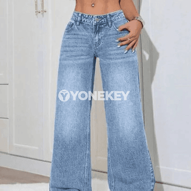 Aýal-gyzlar üçin açyk gök giň balak jeans, rahat gündelik görnüş