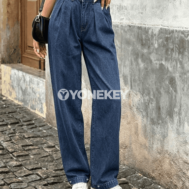 Zenanlar üçin ýokary belli giň balak jeans, elastik belli rahat model
